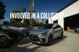 Lexus SUV awaiting collision repair after a front-end accident in Los Angeles